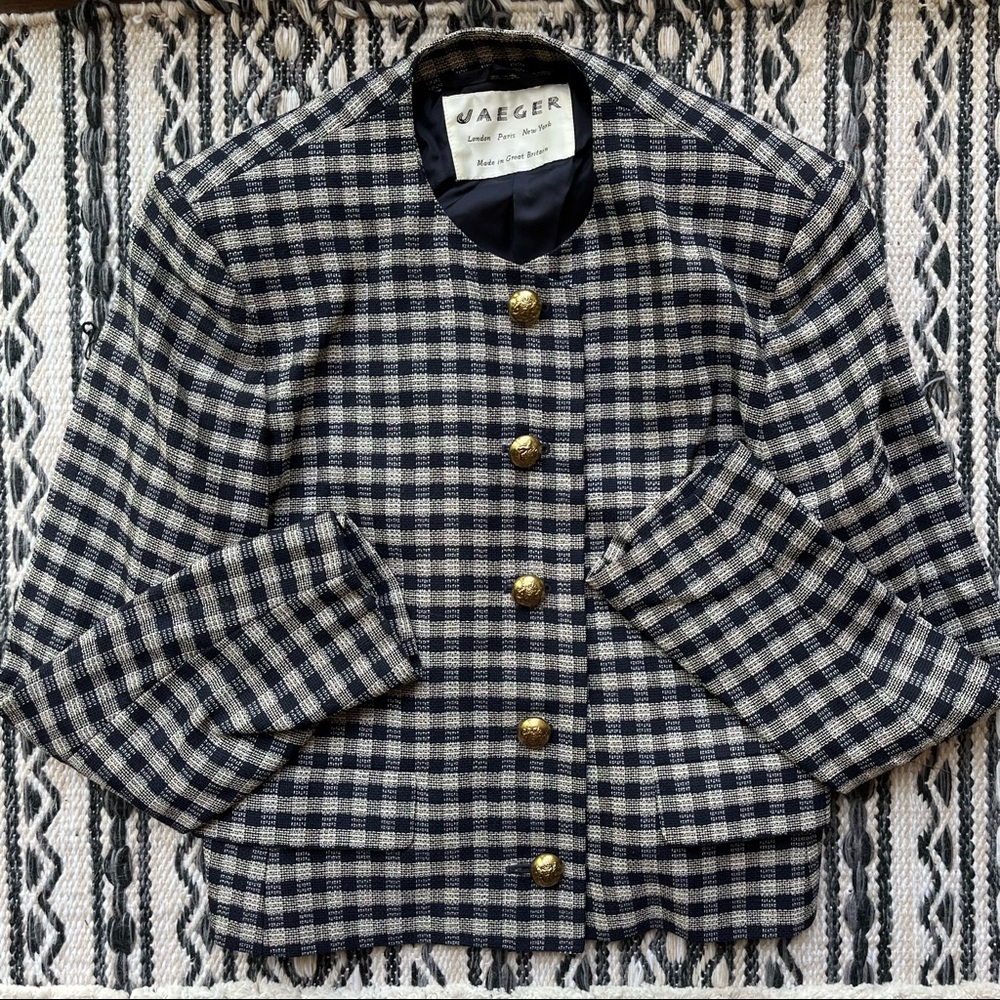 Jaeger Navy and Cream Checked Cropped Blazer